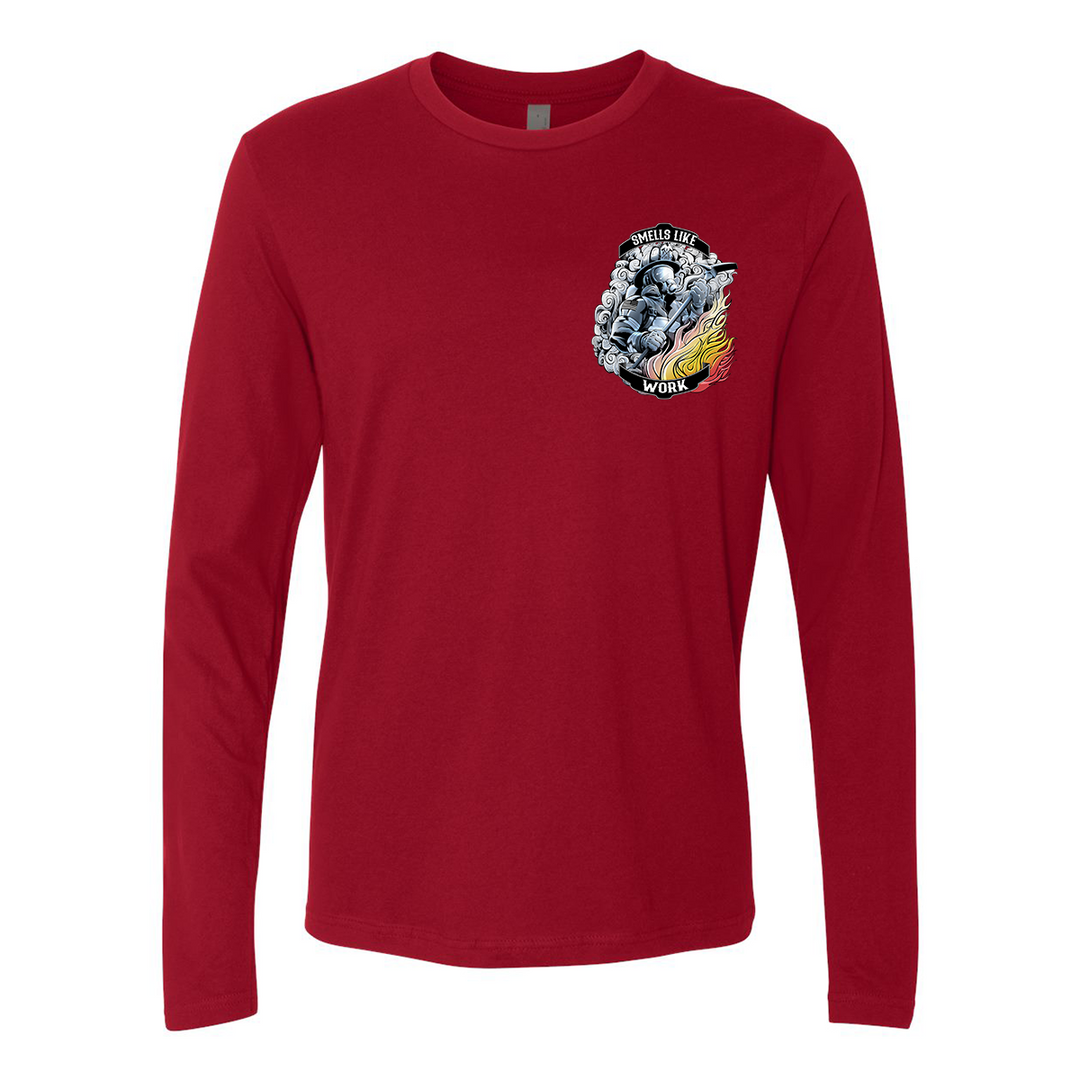 Firefighter graphic long sleeve t-shirt with "Smells Like" and "Work" text, featuring halligan bar and smoke background.