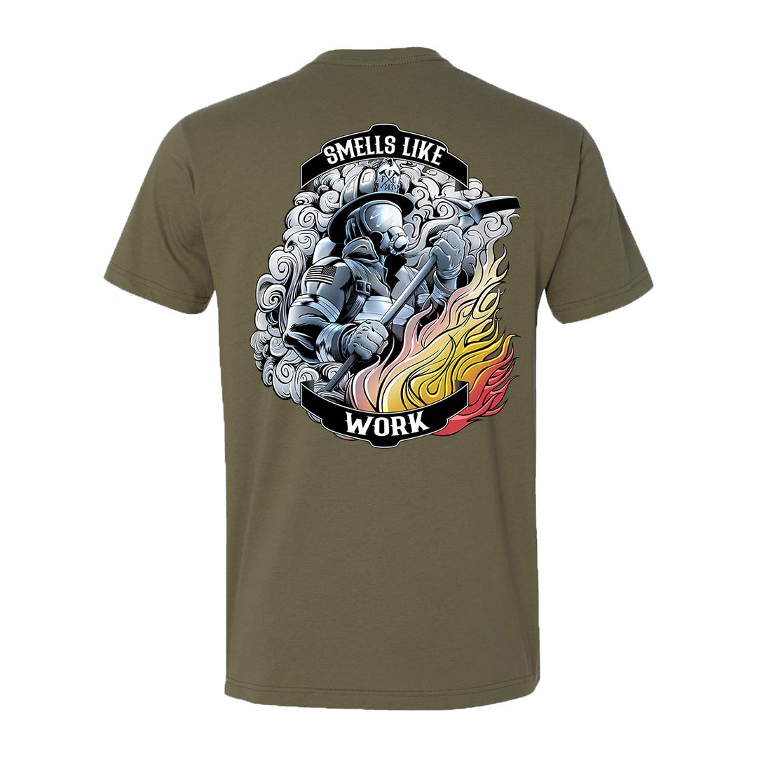 Premium FFC 343 T-shirt featuring firefighter design, halligan bar, and smoke effect.