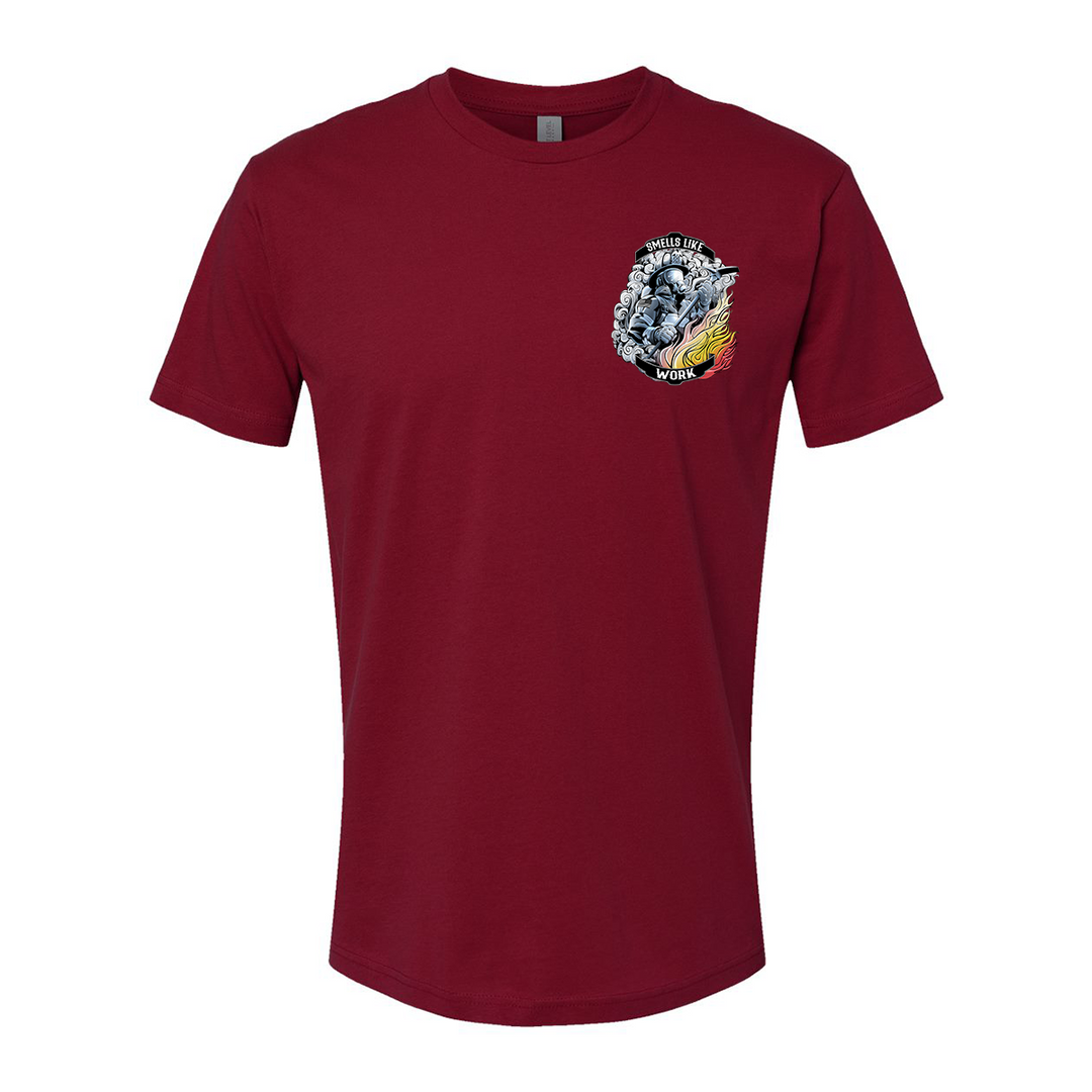 Graphic of firefighter with halligan bar on the Smells Like Work Premium T-shirt.