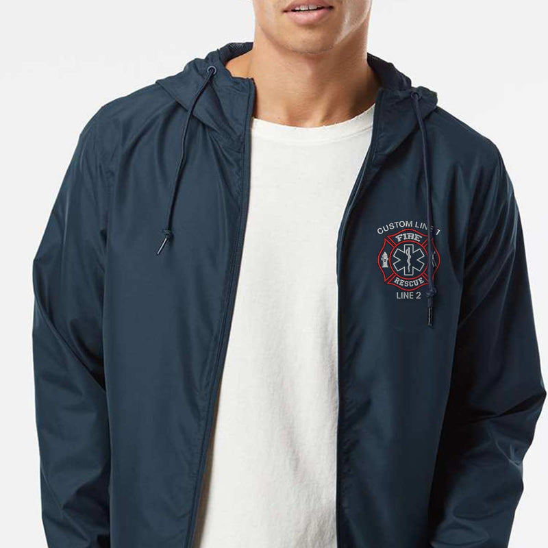 Breathable windbreaker for fire rescue personnel with Fire Rescue logo, offering customizable text lines and lightweight protection.