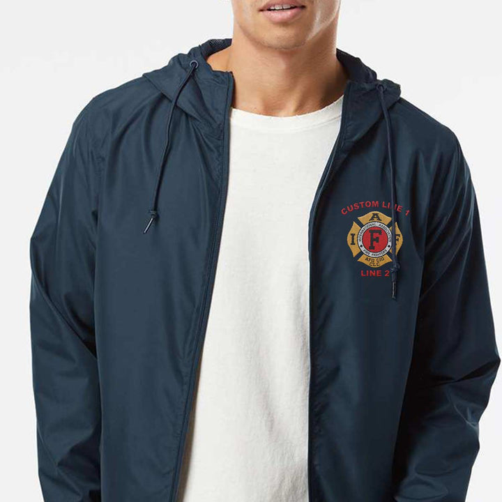 Breathable windbreaker for firefighters with IAFF embroidery, offering customizable text lines and lightweight performance.