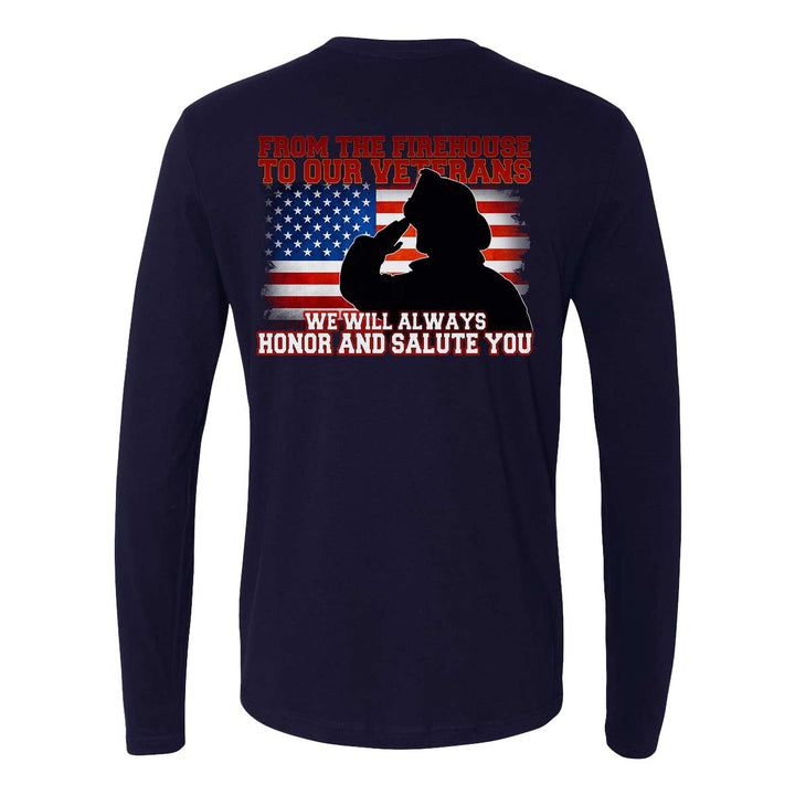 Patriotic long sleeve t-shirt honoring veterans with grunge flag design.