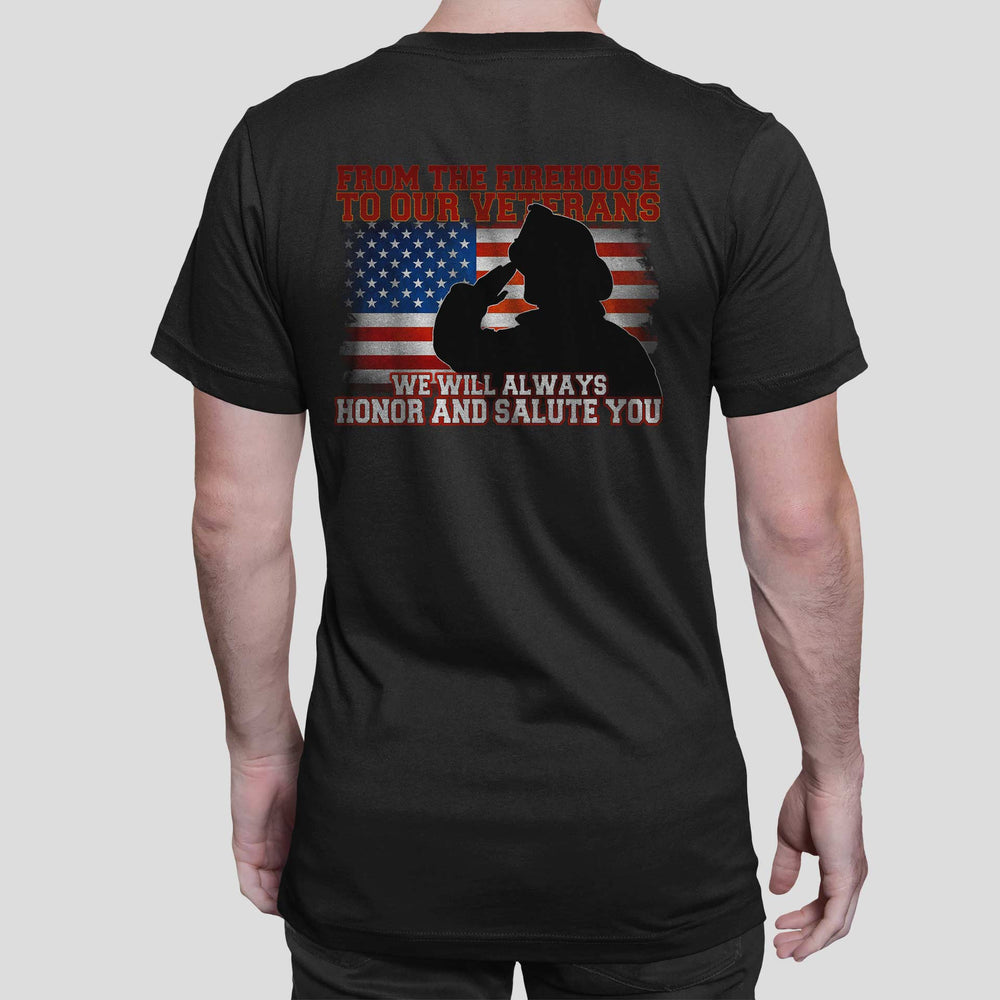 Veteran tribute t-shirt featuring firefighter and distressed American flag