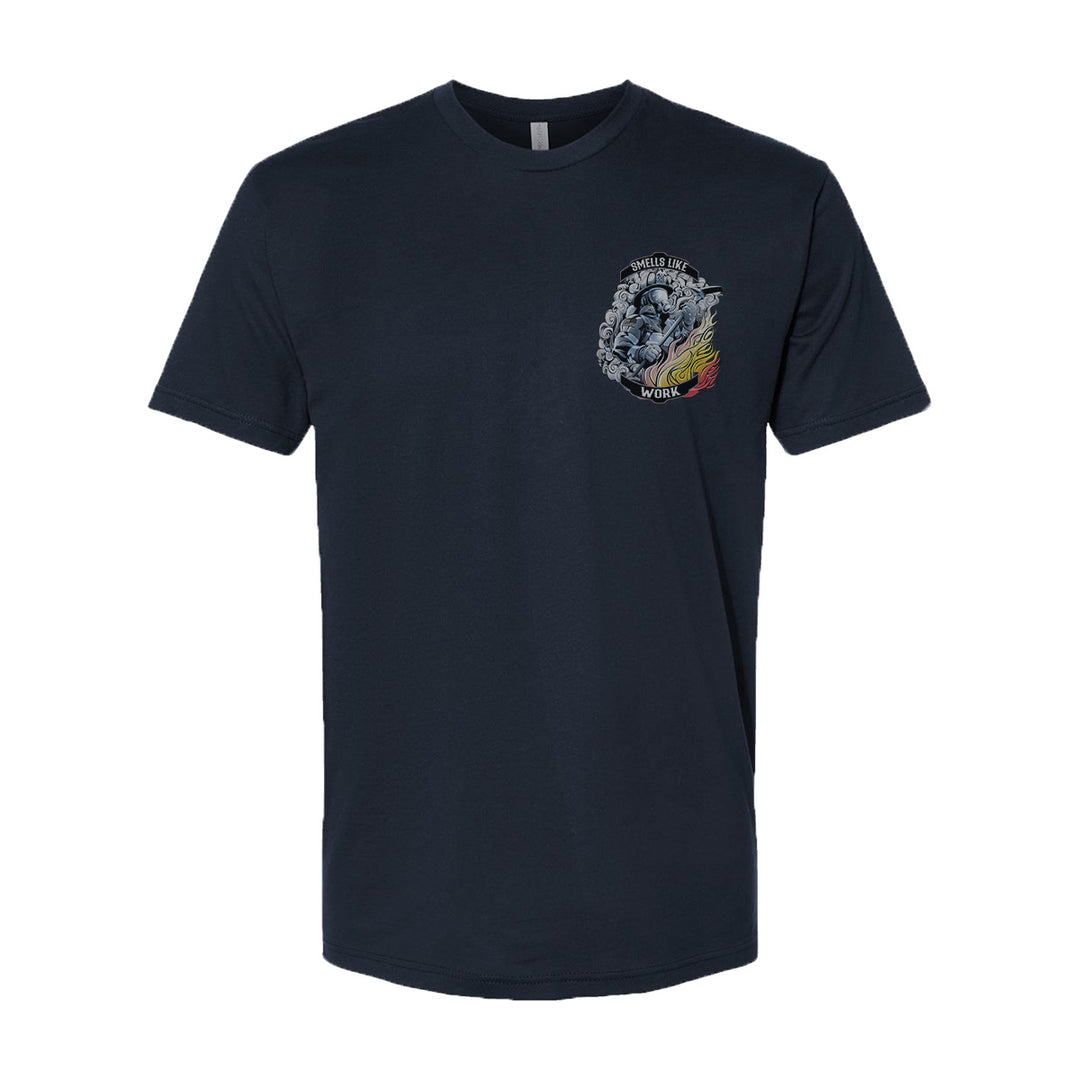 Back view of FFC 343 Smells Like Work Premium T-shirt with bold firefighter graphic.