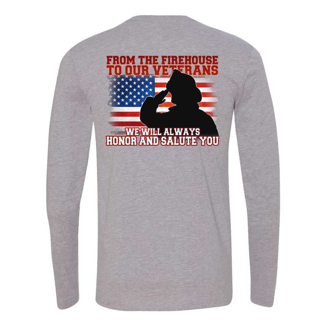 Long sleeve shirt featuring firefighter silhouette and distressed USA flag, honoring veterans.