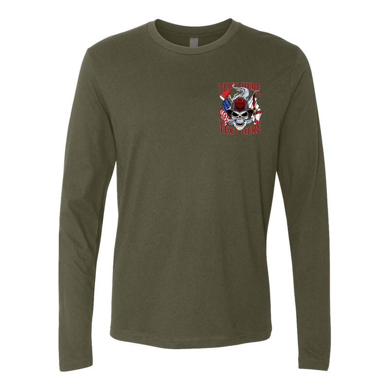 Bold skull helmet graphic on a durable long sleeve shirt.