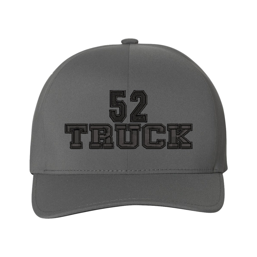 Personalized black Delta FlexFit blackout firefighter hat with Truck embroidery