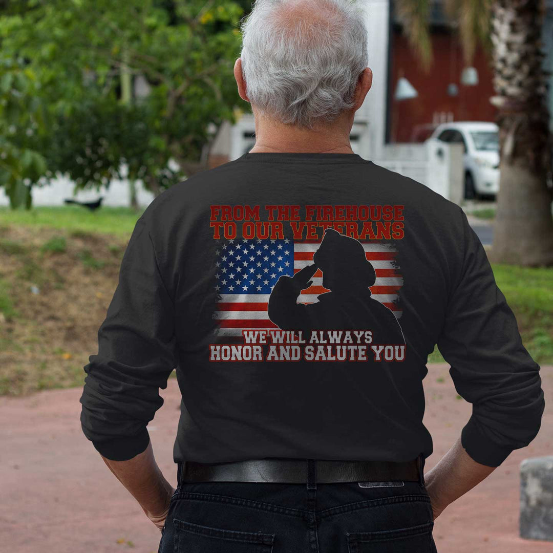 Long sleeve t-shirt tribute featuring a firefighter silhouette and distressed American flag.