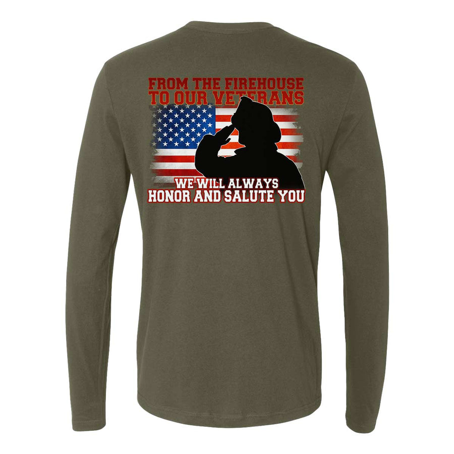 Long sleeve t-shirt featuring a firefighter saluting in front of a grunge USA flag.