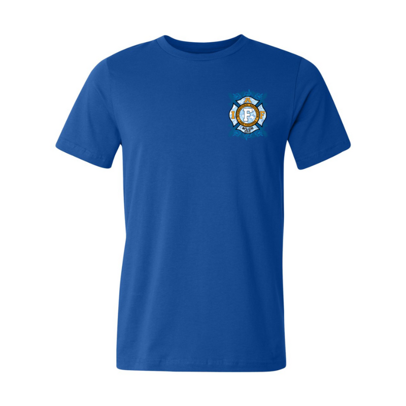 Close-up of IAFF Maltese logo with Hawaiian flower background on premium firefighter shirt