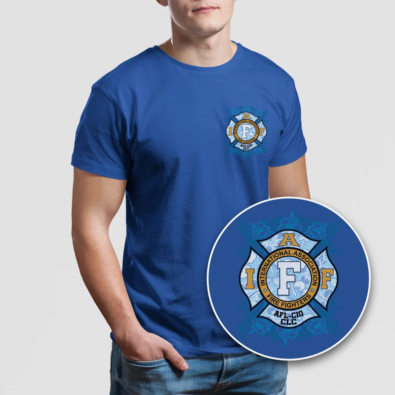 Front view of IAFF Hawaiian Firefighter Premium T-Shirt with IAFF Maltese and Hawaiian flowers