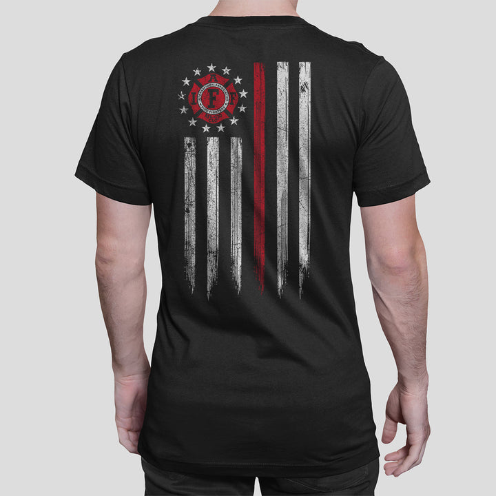 Firefighter pride shirt with IAFF logo and red line flag