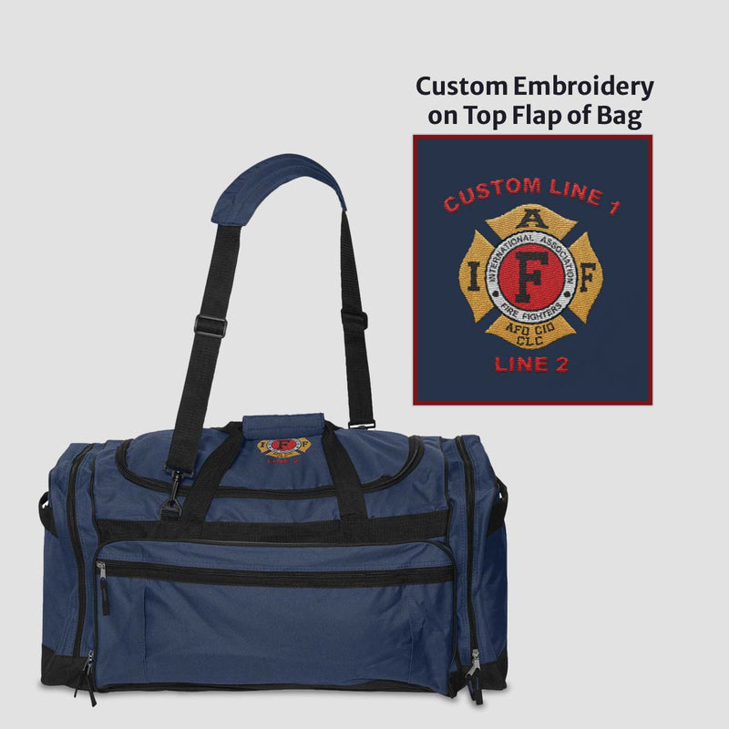 Front view of the 27" large duffel bag with IAFF embroidery, featuring quick-close handles.
