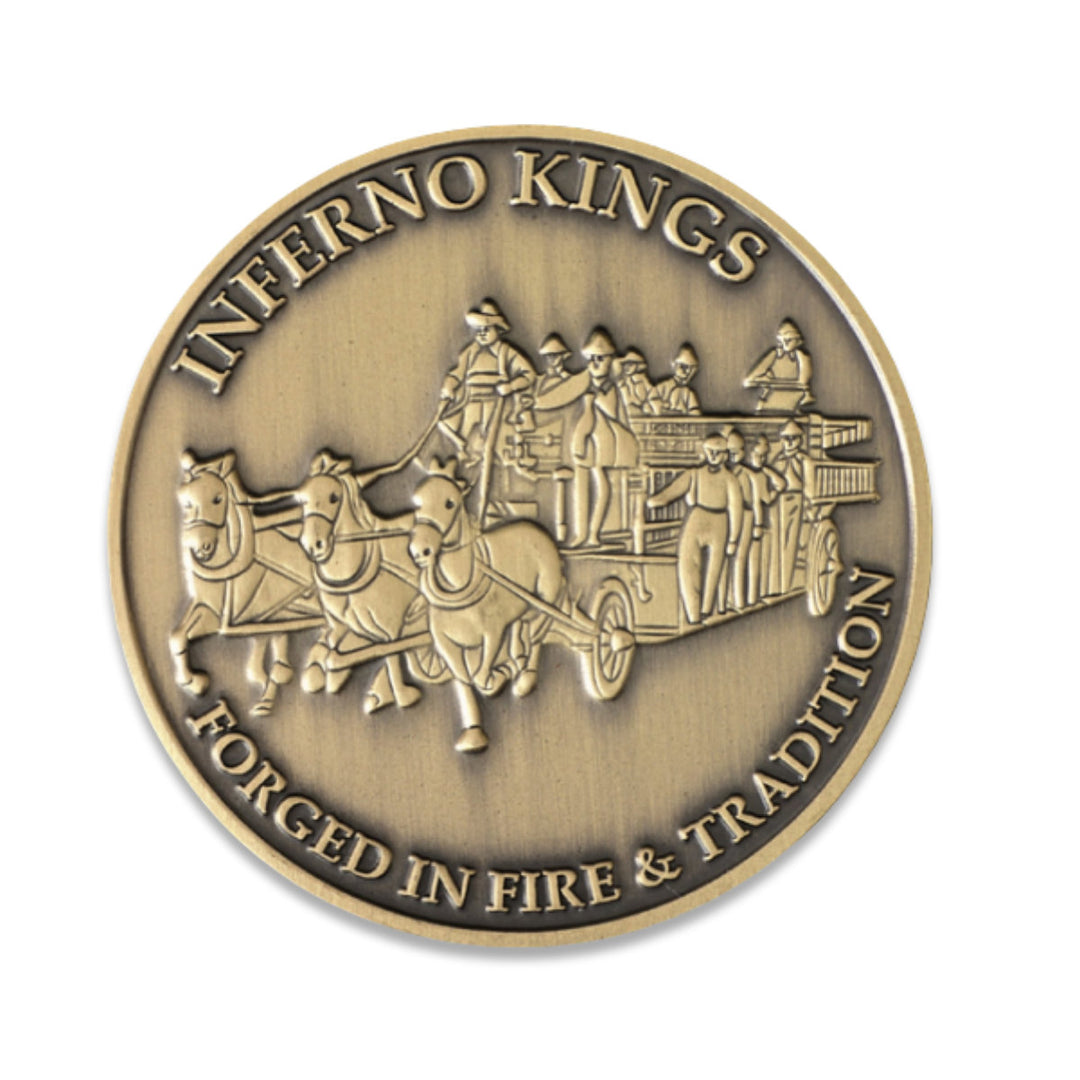 Firefighter.com exclusive 'In Ben We Trust' challenge coin featuring Benjamin Franklin and 'Keeping Tradition' motto. Antique bronze finish.