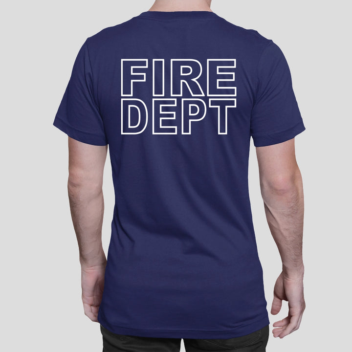 Back design of Fire Dept Navy Duty Shirt showcasing bold fire department branding