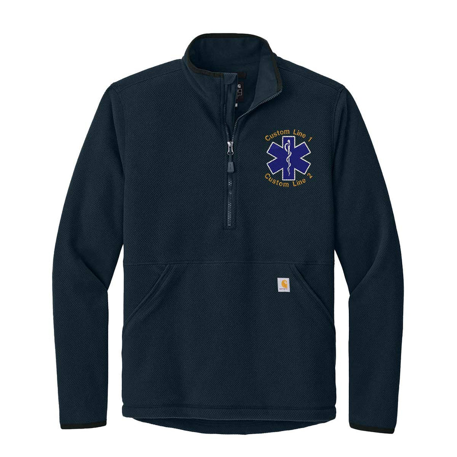 Custom Carhartt 1/2-zip fleece jacket for EMTs and paramedics featuring the Star of Life embroidered emblem and two customizable text lines.