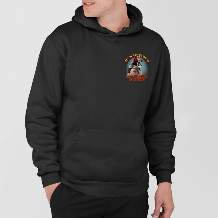 Front view of the hoodie showcasing "ALL IN A DAY'S WORK."