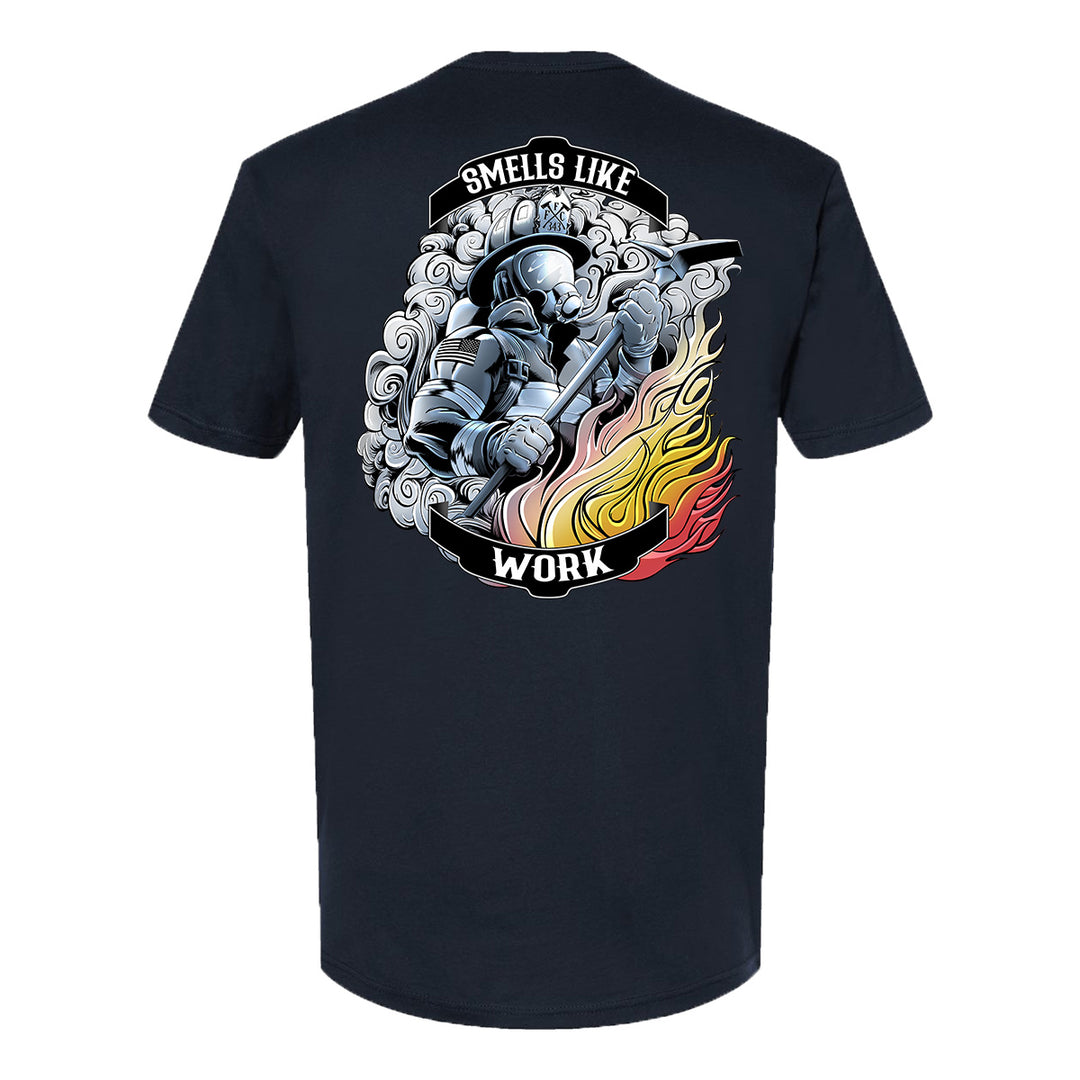 firefighter graphic design on the FFC 343 Smells Like Work T-shirt with bold text.