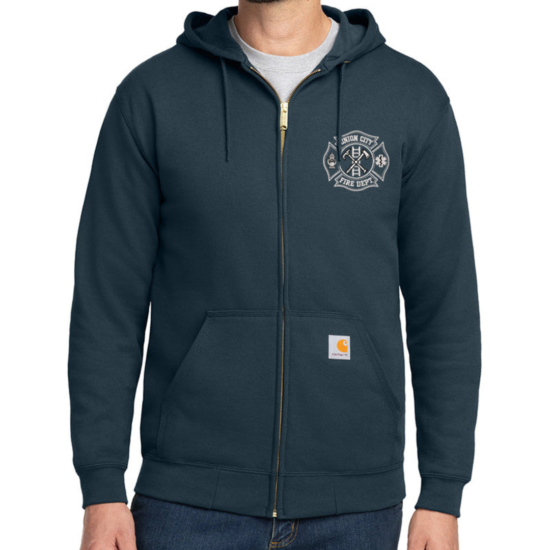Navy blue hoodie with a logo on the chest against a white background #color_navy