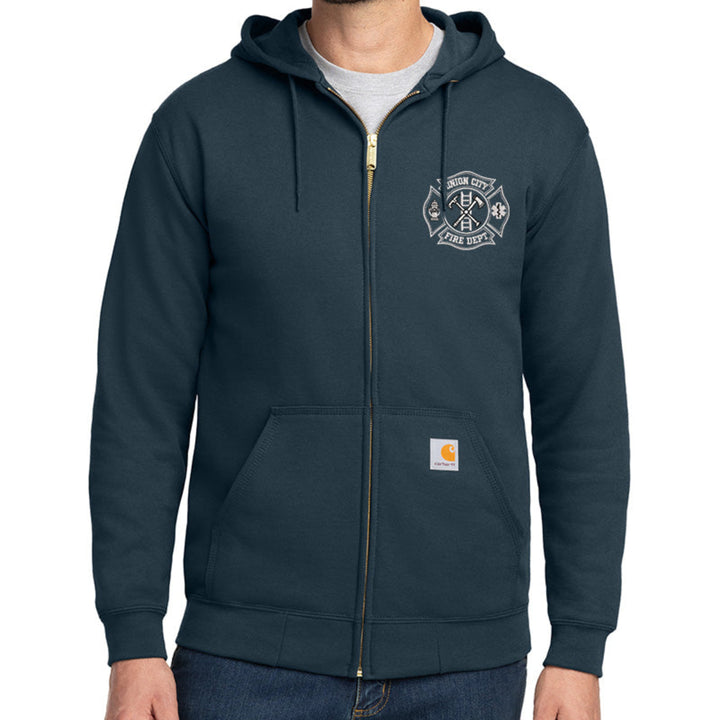 Navy blue hoodie with a logo on the chest against a white background #color_navy