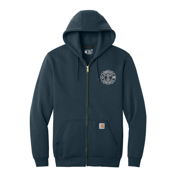 Navy blue hoodie with a logo on the chest against a white background #color_navy