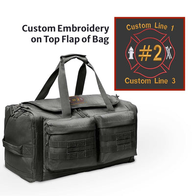 Firefighter duffel bag with Maltese Cross embroidery and three customizable lines