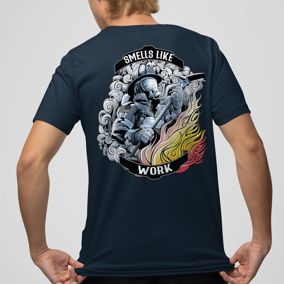 FFC 343 Smells Like Work T-shirt with firefighter graphic and bold text.