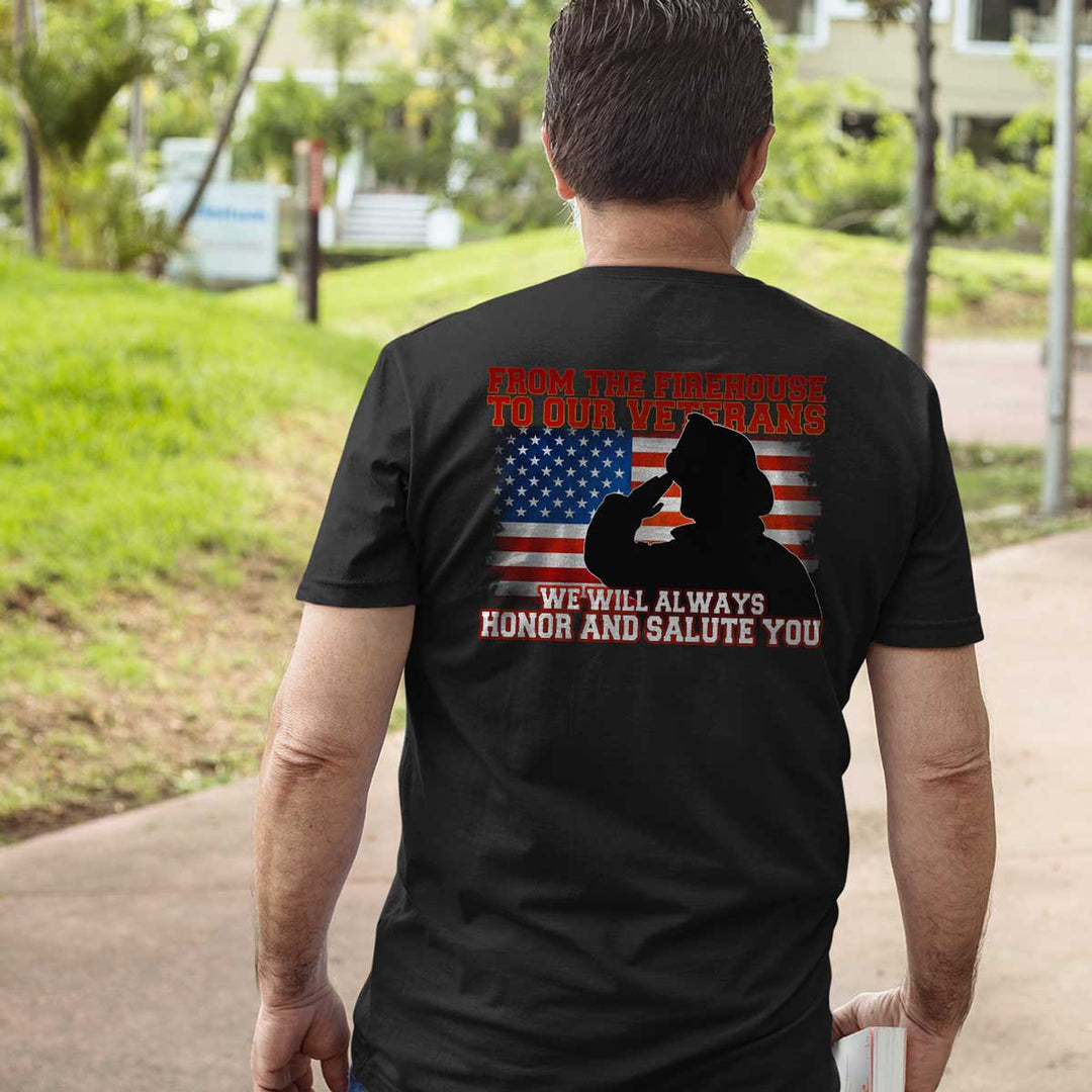 Premium firefighter t-shirt with grunge USA flag and veteran salute