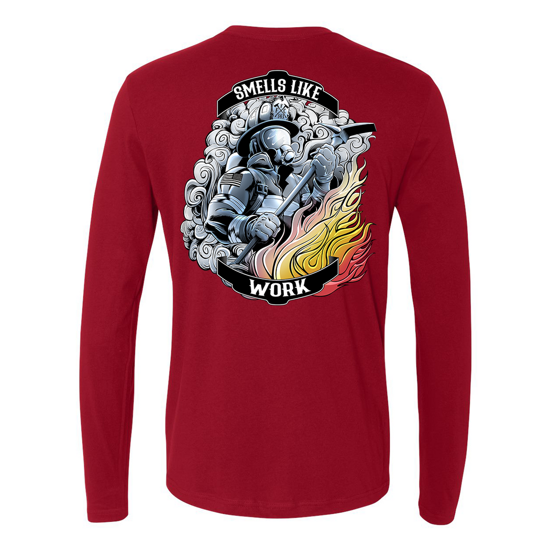 FFC 343 Smells Like Work Premium Long Sleeve T-shirt with halligan bar firefighter graphic and smoke effect.