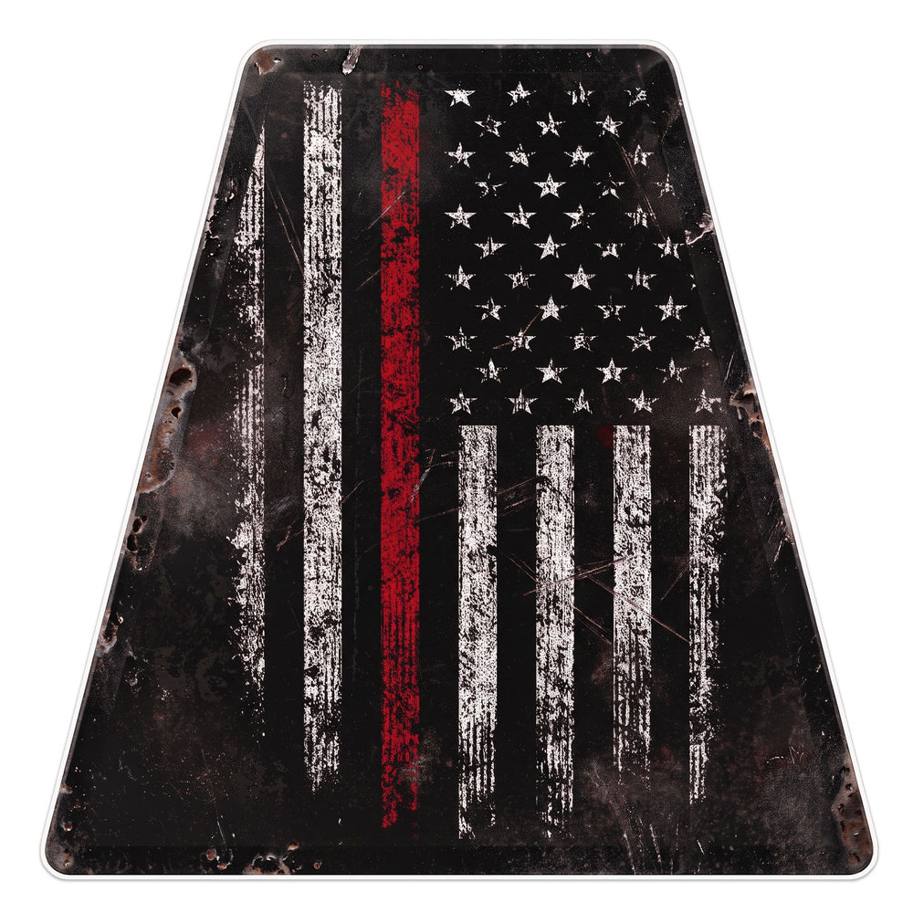 Heavy-duty red line tetrahedron reflective sticker showing a rustic flag pattern for firefighter helmet identification.