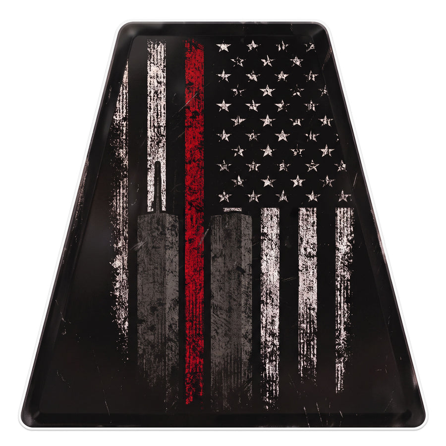 Rustic Thin Red Line tetrahedron decal with an American flag design displayed on a black firefighter helmet.