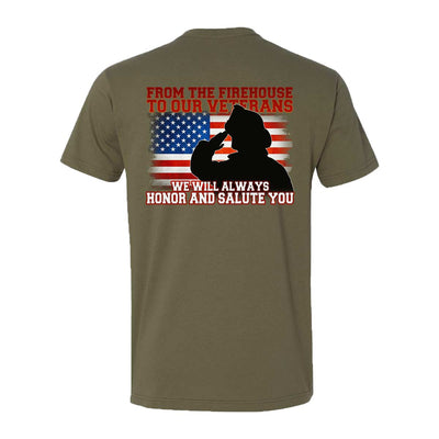 Bold firefighter saluting veterans with grunge flag background on t-shirt