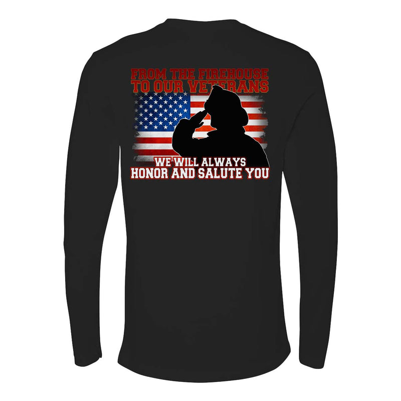 Long sleeve t-shirt symbolizing unity between firefighters and veterans with flag design.