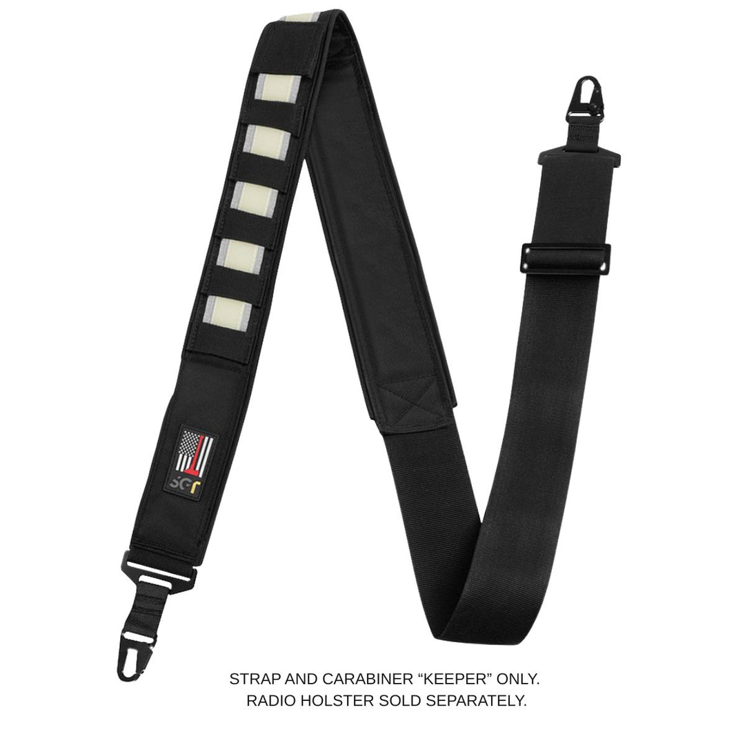 Black strap with reflective squares and carabiner on a white background