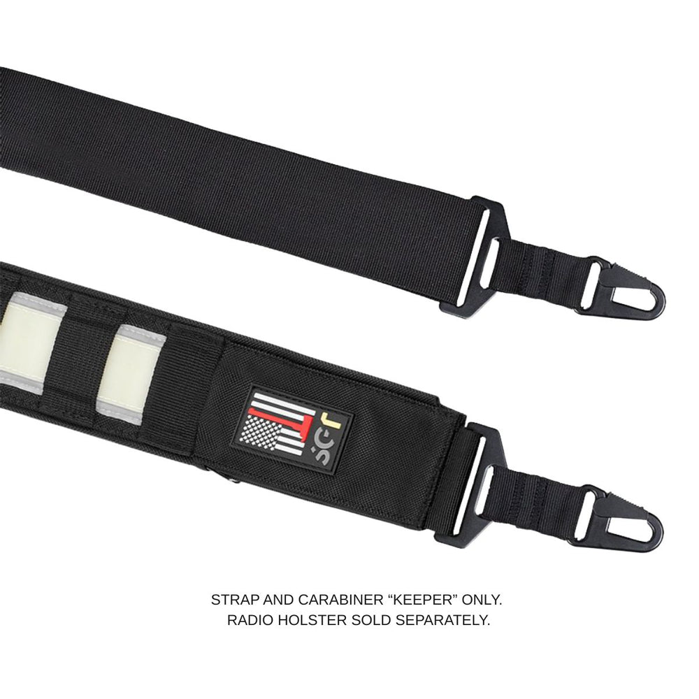 Black strap with a carabiner and visible brand logo on a white background