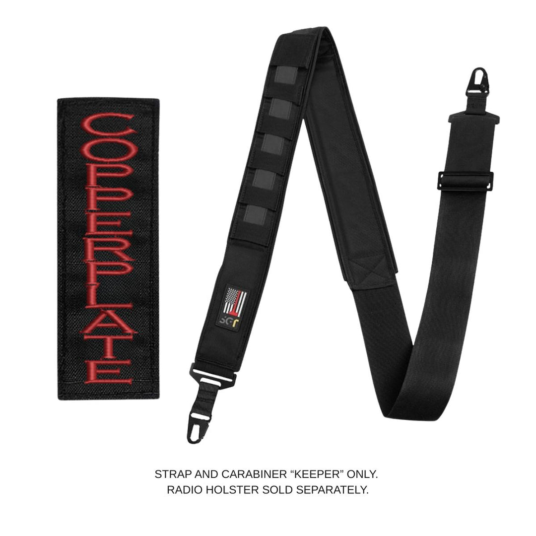 Firefighter modular radio strap with integrated carabiner holder