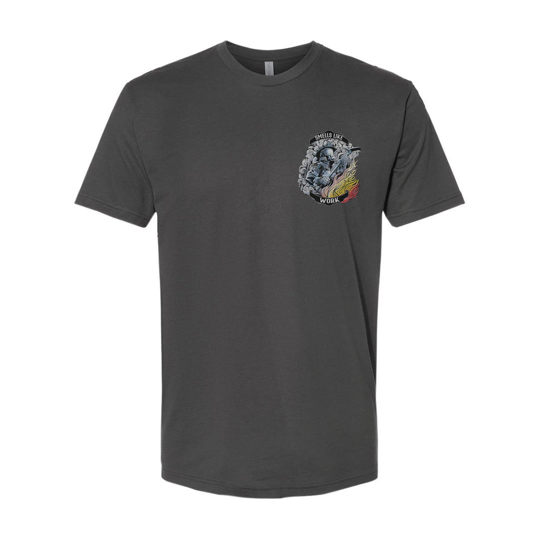 Smells Like Work Premium T-shirt, ideal for firehouse wear, featuring firefighter graphic and bold text.