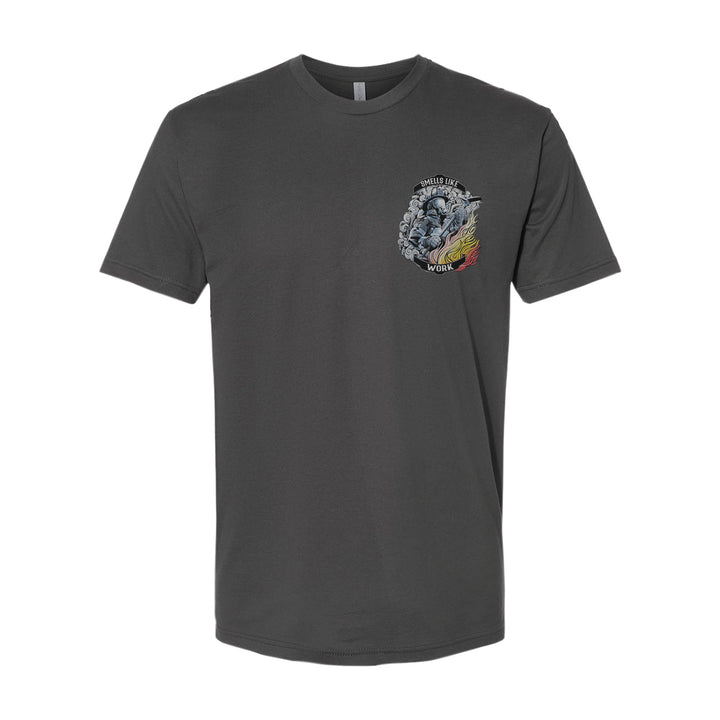 Smells Like Work Premium T-shirt, ideal for firehouse wear, featuring firefighter graphic and bold text.