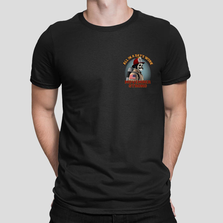 Bold graphic design of a firefighter with a skull mask on the shirt.