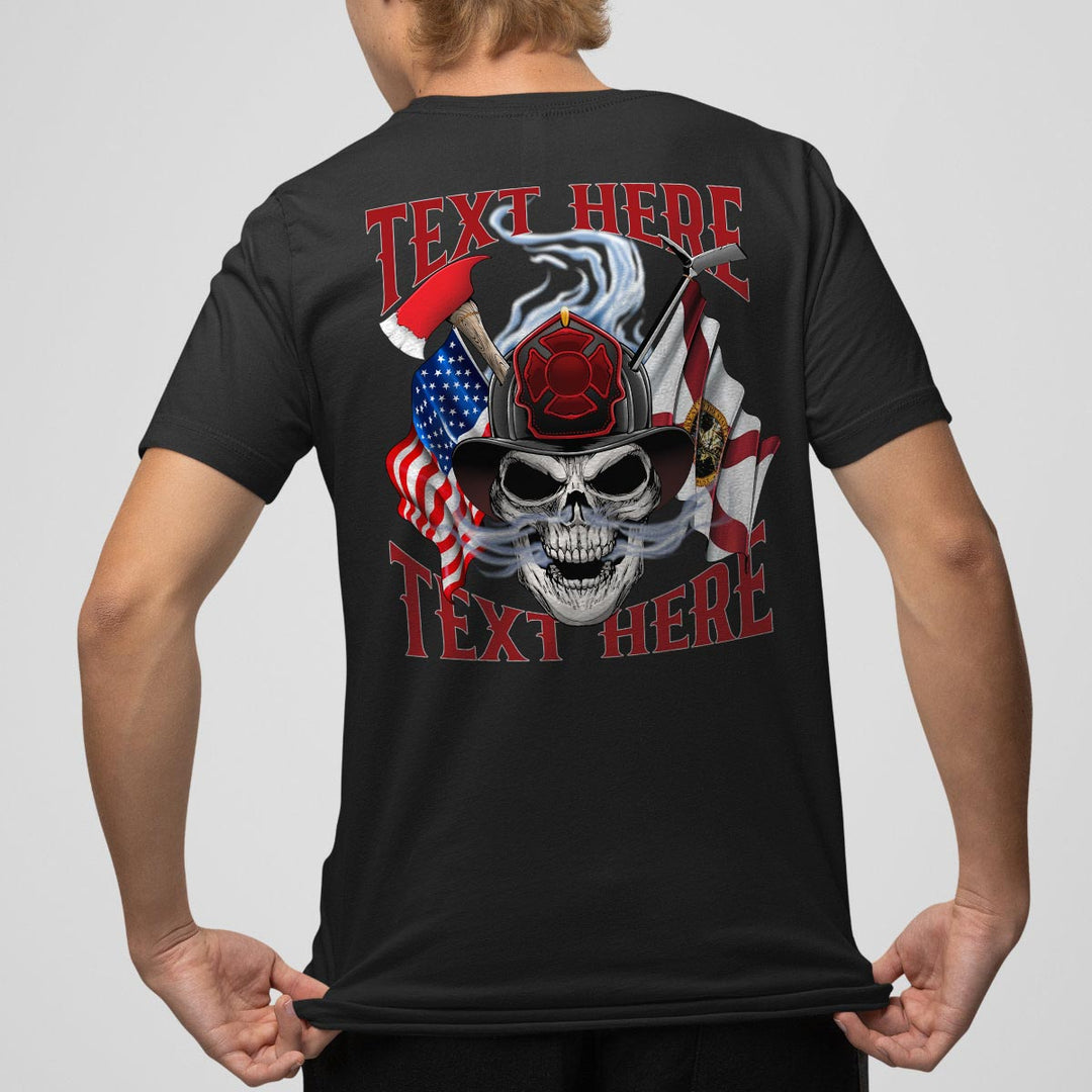 Customizable firefighter t-shirt with crossed tools and flags design.