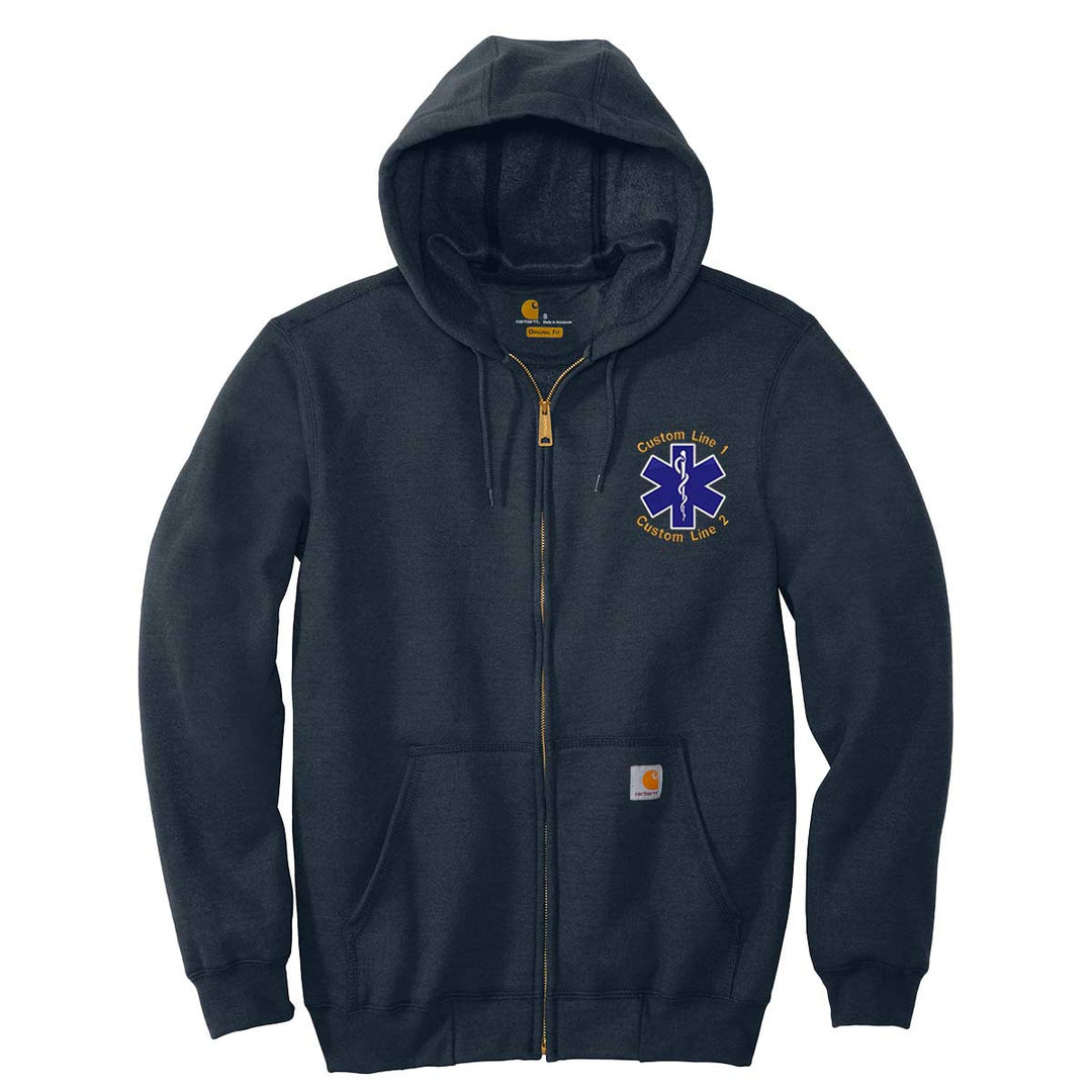 Custom Carhartt midweight zip-up hoodie for EMTs and paramedics featuring the Star of Life embroidered emblem in Royal Blue and White.