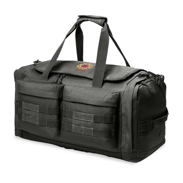 IAFF tactical duffel bag with adjustable shoulder strap and loop panels for patches