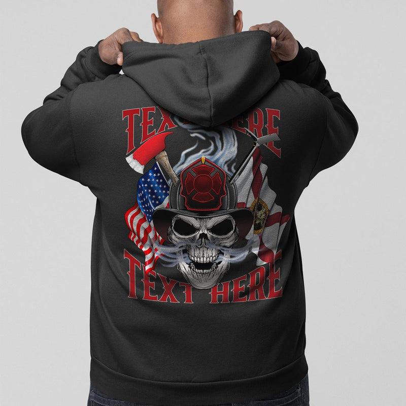 Customizable hoodie with crossed tools and flags design.