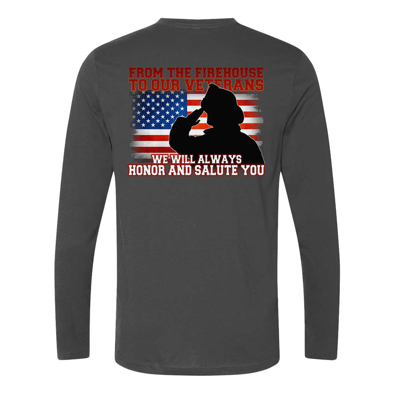 Grunge-style American flag with a firefighter silhouette on a long sleeve t-shirt.