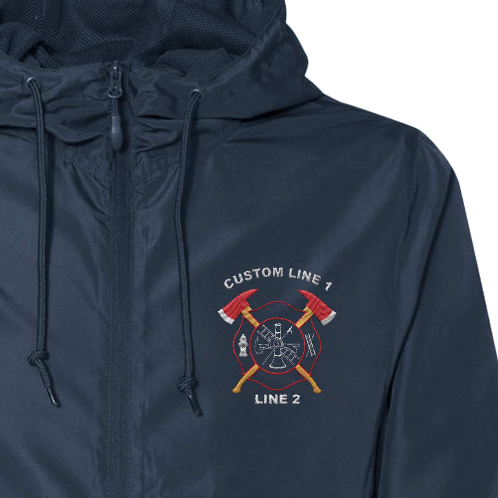 Custom firefighter windbreaker with Crossed Axes emblem, water-resistant polyester, and adjustable hood for functional wear.