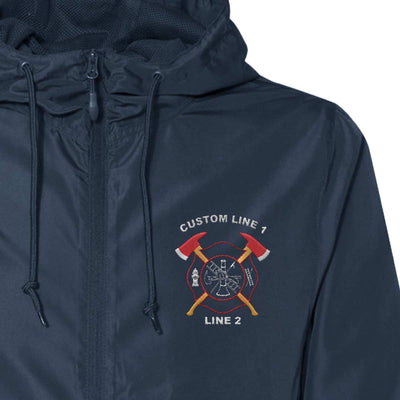 Custom firefighter windbreaker with Crossed Axes emblem, water-resistant polyester, and adjustable hood for functional wear.