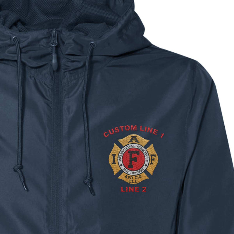 Custom firefighter windbreaker with IAFF logo, water-resistant polyester fabric, and adjustable hood for a personalized fit.