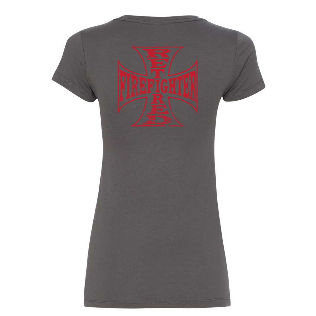 Retired Firefighter Cross Women's V-Neck Shirt in grey back of shirt
