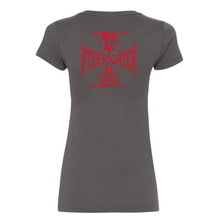 Retired Firefighter Cross Women's V-Neck Shirt in grey back of shirt