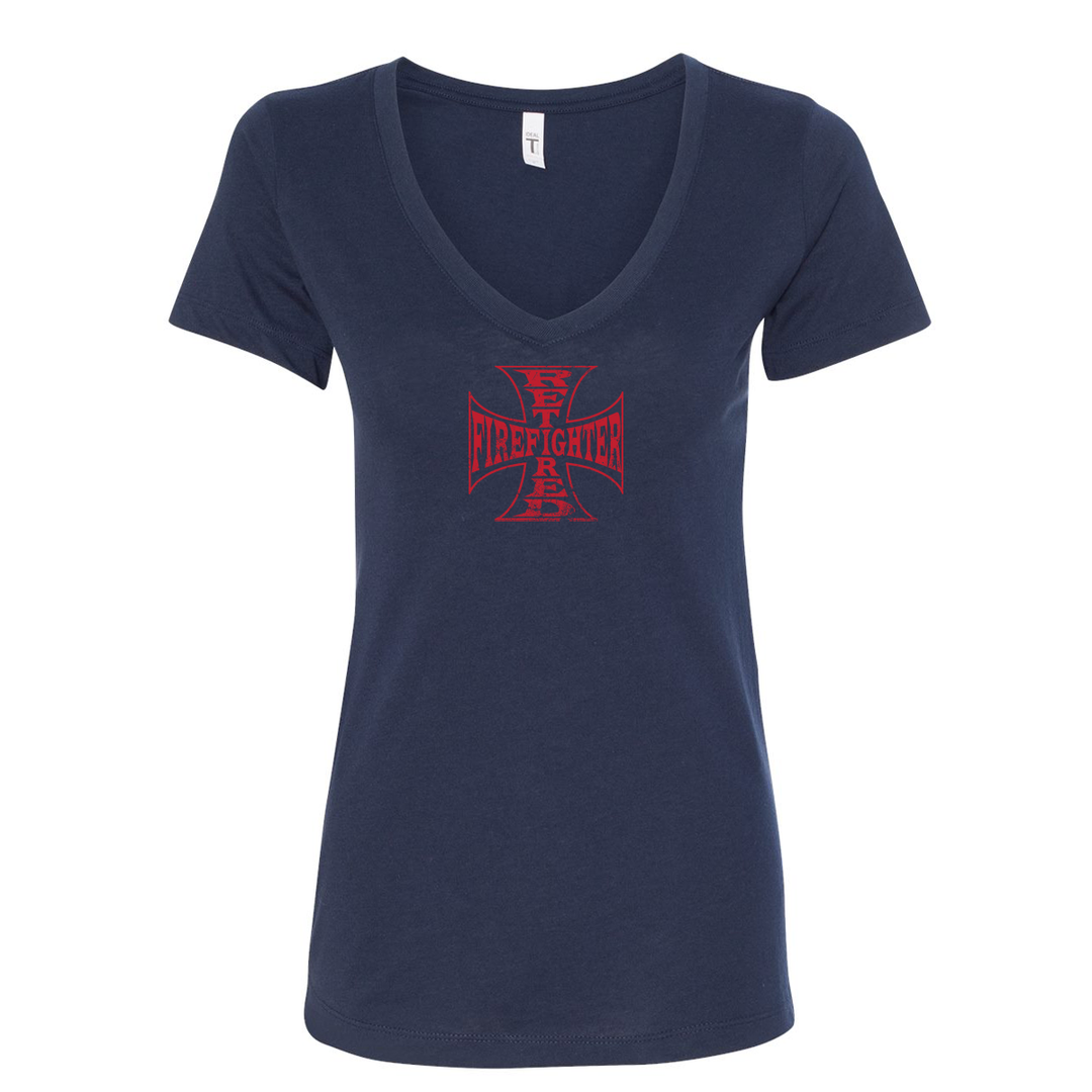 front Retired Firefighter Cross Women's V-Neck Shirt in navy